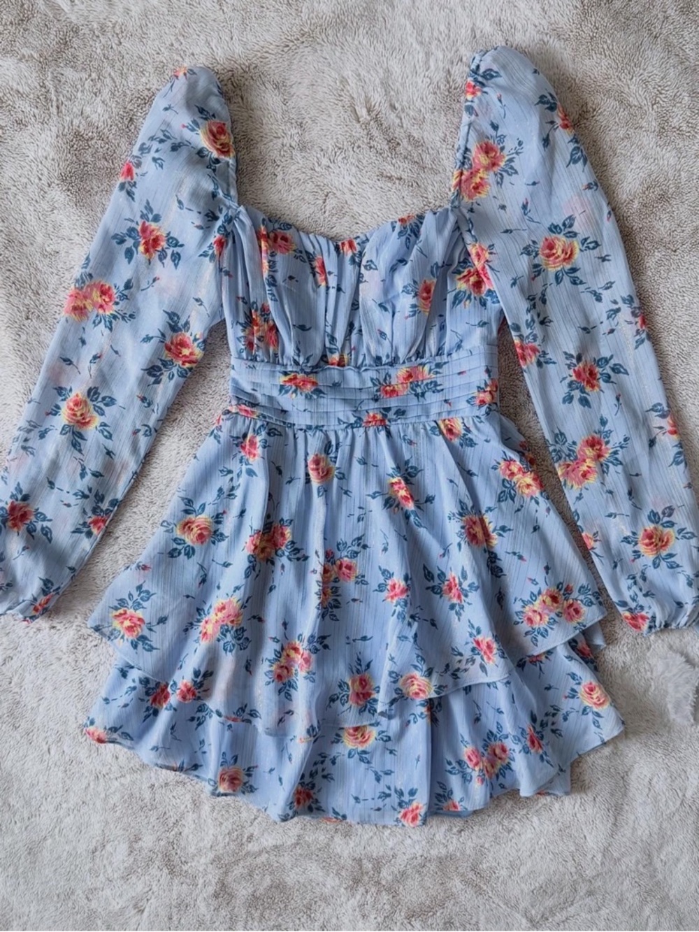 Altar'd State Light Blue Floral Tiered Long-Sleeve Dress